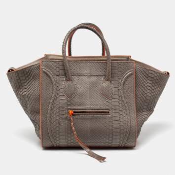 Pre Owned Celine Grey/Neon Orange Python Leather Medium Phantom Luggage Tote