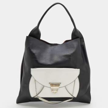 Pre Owned Celine Black/White Leather Front Pocket Medium Shopper Shoulder Bag