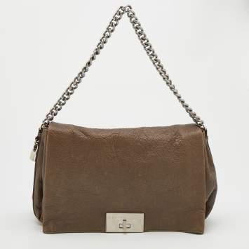 Pre Owned Celine Dark Beige Pebbled Leather Turnlock Flap Chain Shoulder Bag