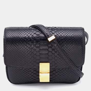 Pre Owned Celine Black Python and Leather Medium Classic Box Shoulder Bag