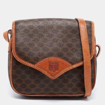 Pre Owned Celine Brown Macadam Coated Canvas and Leather Flap Crossbody Bag