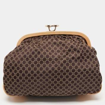 Pre Owned Celine Dark Brown/Beige Macadam Canvas and Leather Frame Clutch