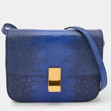 Pre Owned Celine Blue Lizard Medium Classic Box Shoulder Bag