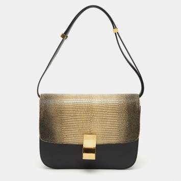 Pre Owned Celine Black/Yellow Lizard and Leather Medium Classic Box Bag