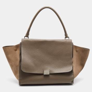 Pre Owned Celine Grey Leather and Suede Large Trapeze Top Handle Bag