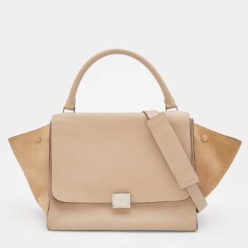 Pre Owned Celine Sand Brown Leather and Suede Medium Trapeze Top Handle Bag