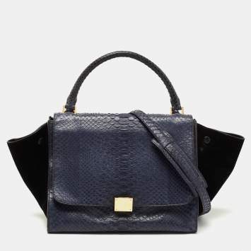 Pre Owned Celine Blue/Black Python and Suede Medium Trapeze Tote