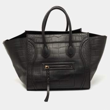 Pre Owned Celine Black Croc Embossed Leather Medium Phantom Luggage Tote