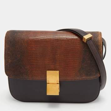 Pre Owned Celine Dark Brown Lizard and Leather Medium Classic Box Bag