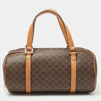 Pre Owned Celine Brown Macadam Coated Canvas and Leather Boston Bag