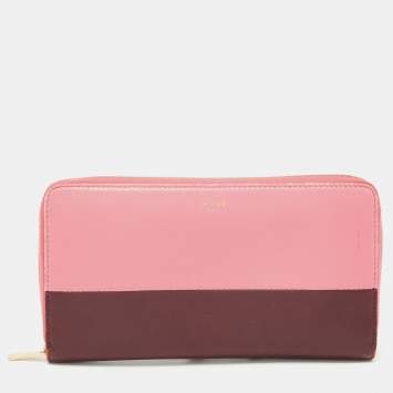 Pre Owned Celine Pink/Red Leather Zip Around Wallet