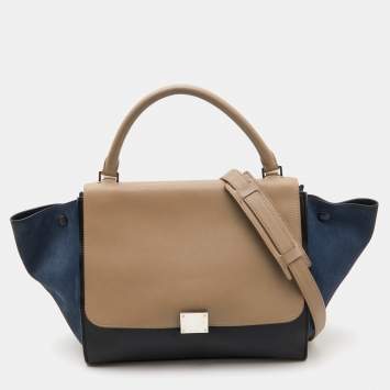 Pre Owned Celine Tri Color Leather and Suede Medium Trapeze Top Handle Bag