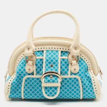 Pre Owned Celine Cream/Blue Macadam Canvas and Leather Dome Satchel