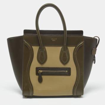 Pre Owned Celine Beige/Olive Green Leather Micro Luggage Tote