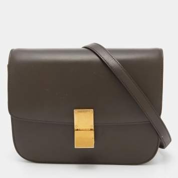 Pre Owned Celine Olive Green Leather Medium Classic Box Shoulder Bag