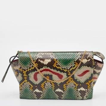 Pre Owned Celine Multicolour Python Tri Fold Chain Clutch 