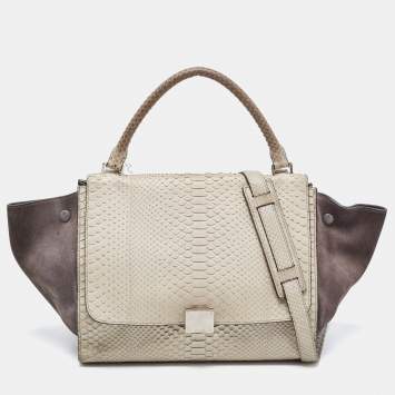 Pre Owned Celine Grey/Off-White Python and Suede Medium Trapeze Top Handle Bag