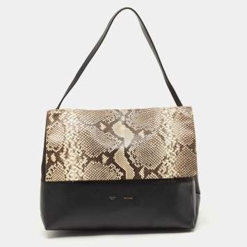 Pre Owned Celine Black/Beige Python, Suede and Leather All Soft Shoulder Bag 