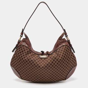 Pre Owned Celine Brown Macadam Fabric and Croc Embossed Leather Zip Hobo