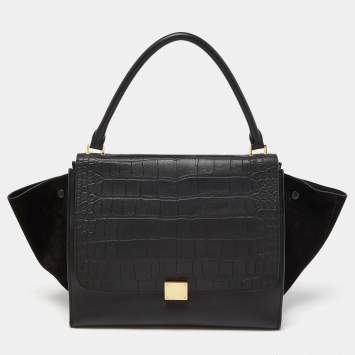 Pre Owned Celine Black Leather,Croc Embossed and Suede Large Trapeze Bag