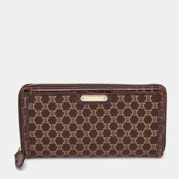 Pre Owned Celine Brown Macadam Canvas and Croc Embossed Leather Zip Around Continental Wallet