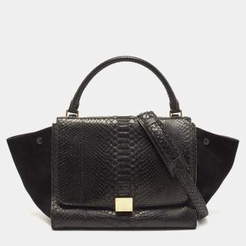 Pre Owned Celine Black Python and Suede Medium Trapeze Top Handle Bag