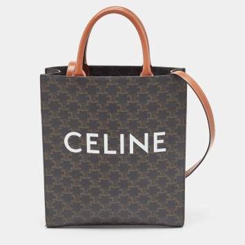 Pre Owned Celine Brown Triomphe Canvas and Leather Small Vertical Cabas Tote 