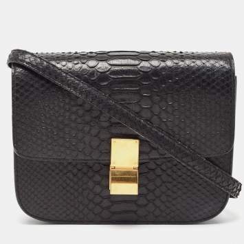 Pre Owned Celine Black Python Medium Classic Box Shoulder Bag