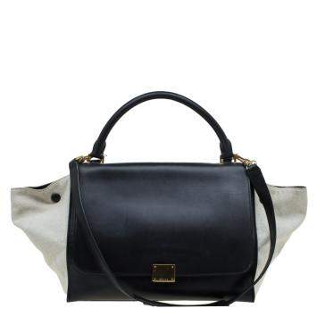 Pre Owned Celine Black/Beige Leather and Canvas Medium Trapeze Top Handle Bag