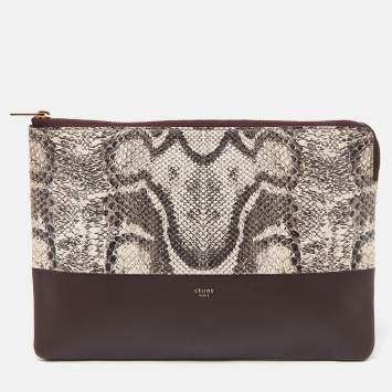 Pre Owned Celine Beige/Burgundy Snake Print Leather and Leather Solo Clutch Pouch