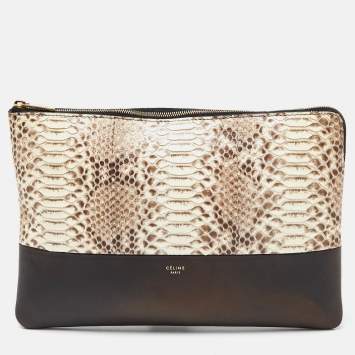 Pre Owned Celine Beige/Black Watersnake Leather and Leather Solo Zip Pouch