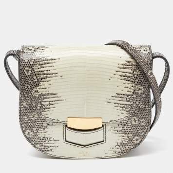 Pre Owned Celine Cream/Black Lizard Small Trotteur Crossbody Bag