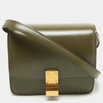 Pre Owned Celine Olive Green Leather Small Classic Box Flap Bag