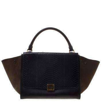 Pre Owned Celine Black/Brown Python/Leather and Suede Medium Trapeze Bag