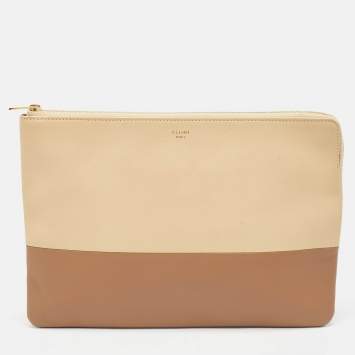 Pre Owned Celine Beige/Brown Leather Color Block Zip Pouch
