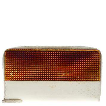 Pre Owned Celine Off White Leather Holographic Zip Up Wallet