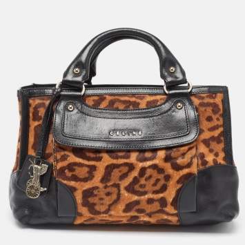 Pre Owned Celine Black/Brown Leopard Print Calf Hair and  Leather Boogie Satchel