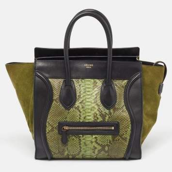 Pre Owned Celine Black/Green Python and Leather/Suede Mini Luggage Tote