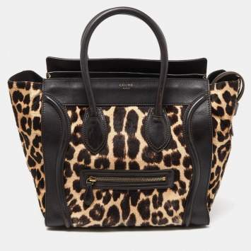 Pre Owned Celine Brown Leopard Print Calfhair and Leather Mini Luggage Tote