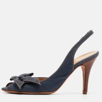Pre Owned Celine Navy Blue Denim Bow D'orsay Slingback Sandals Size 38