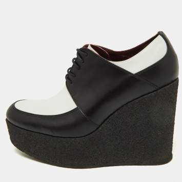 Pre Owned Celine Black/White Leather Wedge Platform Lace Up Derby Size 38.5
