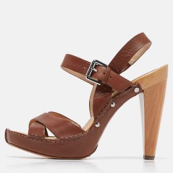 Pre Owned Celine Brown Leather Platform Ankle Strap Sandals Size 38