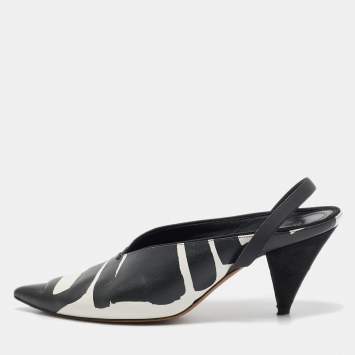 Pre Owned Celine Black/White Leather Pointed Toe Slingback Pumps Size 37.5