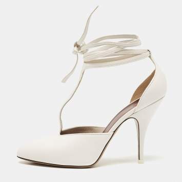 Pre Owned Celine White Leather Night Out Ankle Tie Pumps Size 38