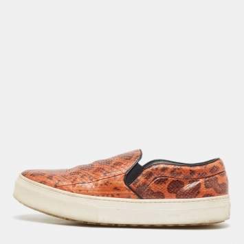 Pre Owned Celine Orange/Brown Snakeskin Leather Skate Slip On Sneakers Size 38.5