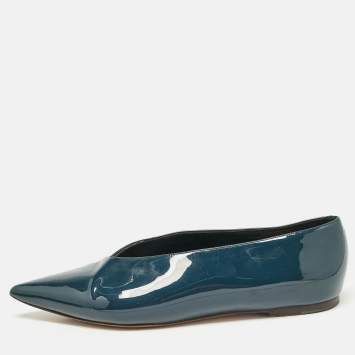 Pre Owned Celine Blue Patent Leather V neck Ballet Flats Size 37.5