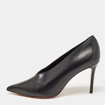 Pre Owned Celine Black Leather V Neck Pumps Size 37.5