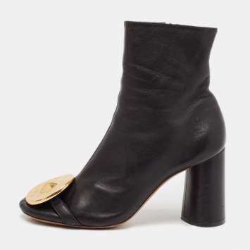 Pre Owned Celine Black Leather Crystal Embellished Ankle Length Boots Size 38.5
