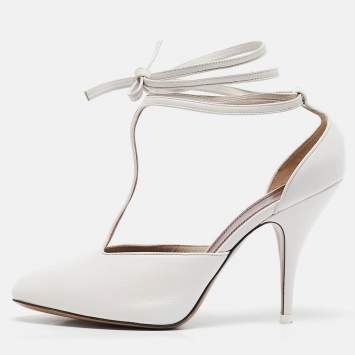 Pre Owned Celine White Leather Night Out T-Strap Ankle Wrap Sandals Size 37.5