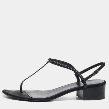 Pre Owned Celine Black Leather Studded T-Strap Sandals Size 39.5